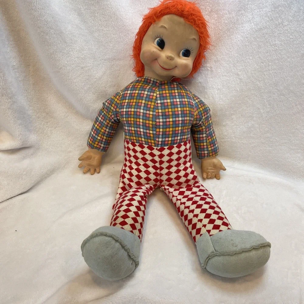 Vintage Large Plush‎ Doll Boy Red Hair Plaid Shirt Red & White Check Pants Rare